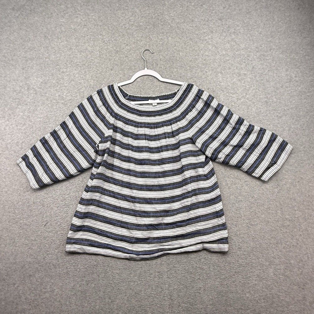 J. Jill Linen Striped Blouse Womens M White Blue Coastal Relaxed Resort Nautical